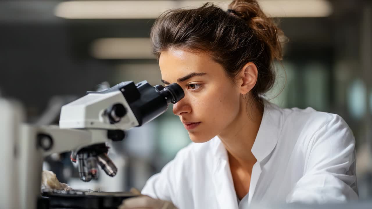 Focused Researcher Examining Samples Under Microscope in Modern Laboratory Environment with Precision and Dedication, Highlighting the Importance of Scientific Investigation and In-Depth Analysis