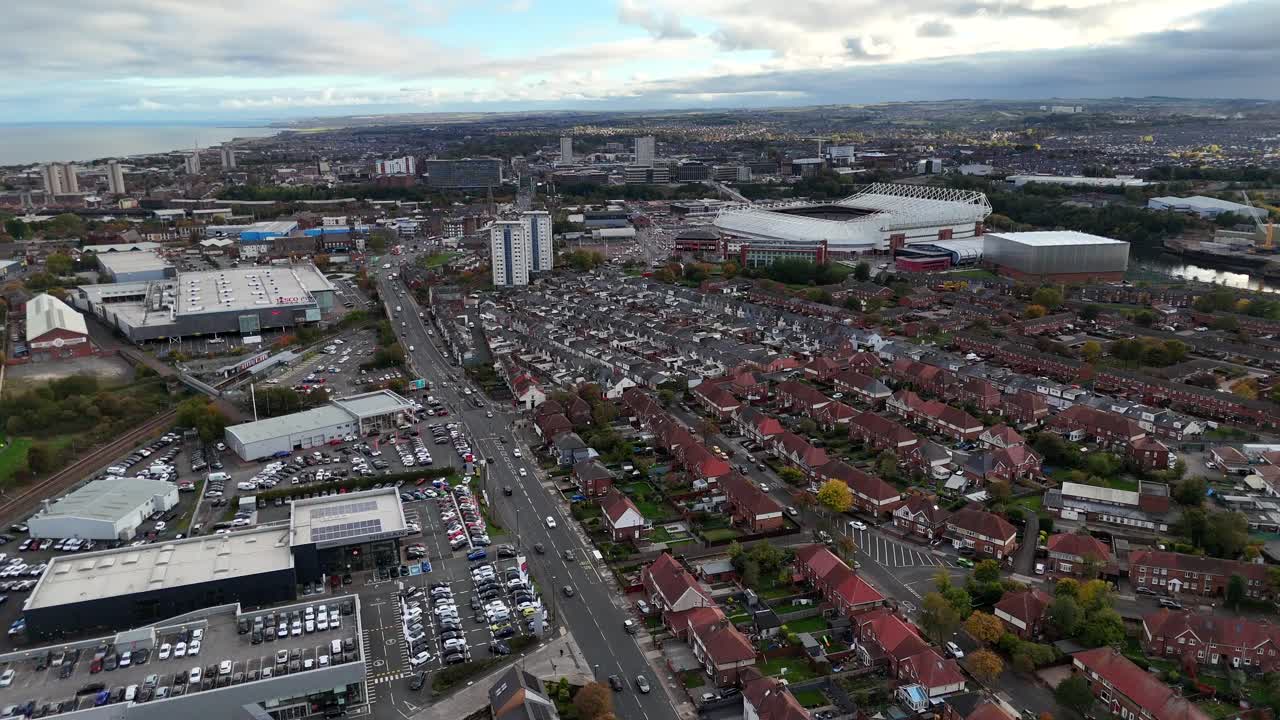 Aerial drone view sunderland north east england uk tyne and wear wearside british english town city fulwell roker seaburn stadium of light