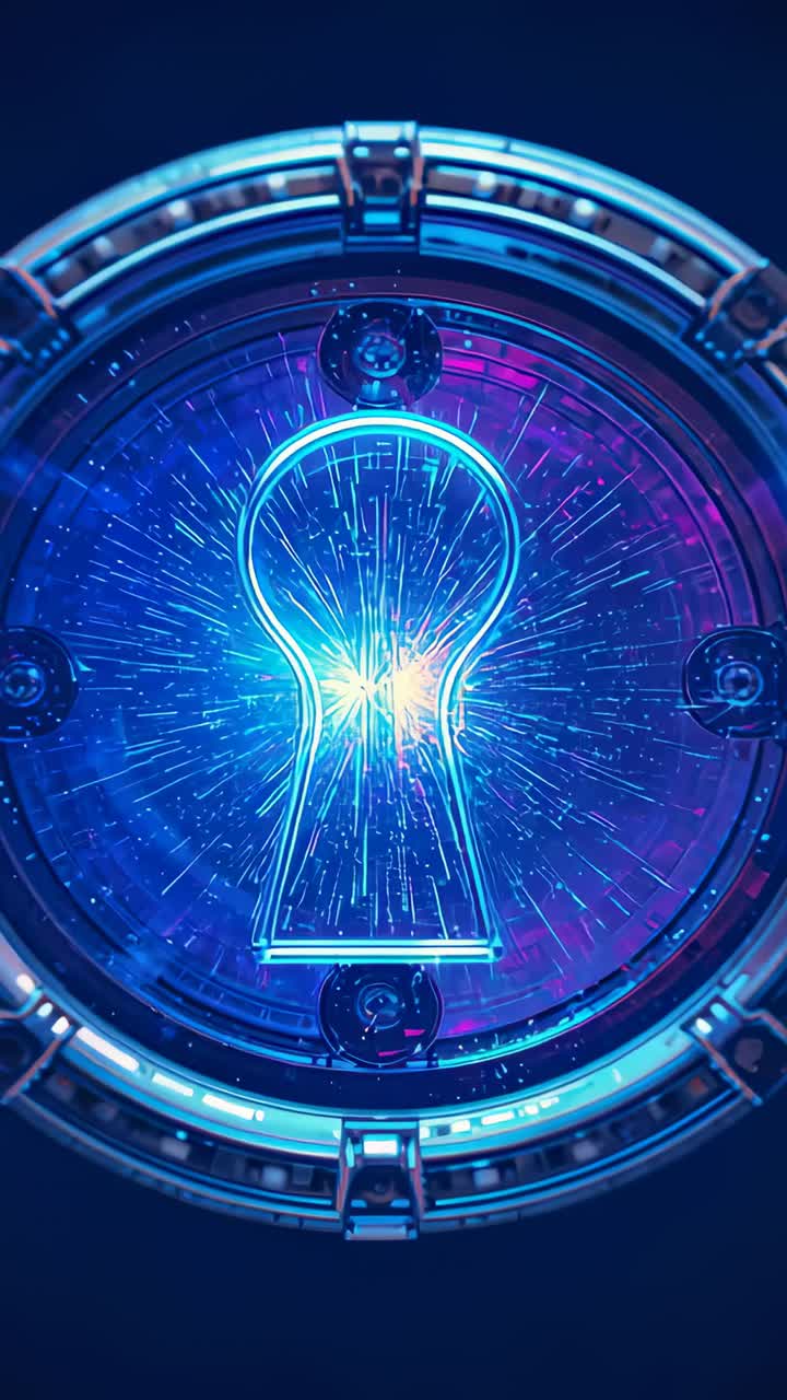 Vertical video: Neon blue keyhole pulsing as radial light sparking and metal ring rotating in vault