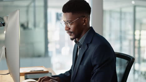 businessman, reading and thinking of report