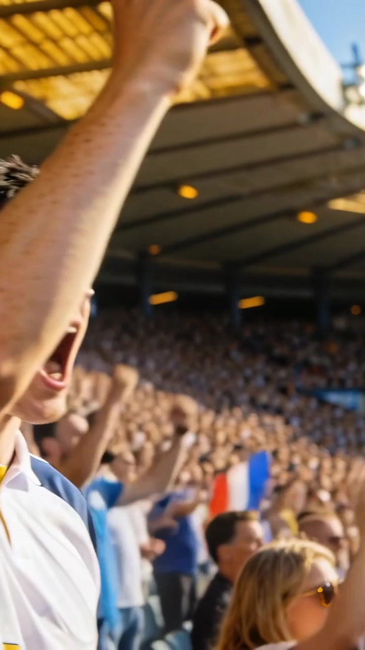 Verticale video: Juichende man in wit T-shirt steekt arm op op tribune na doelpunt, zwaait met vlaggen, met tekstruimte.