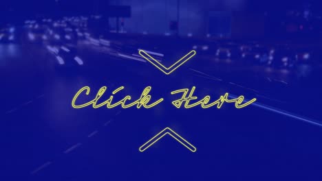 animation of click here text over cityscape at night on blue background