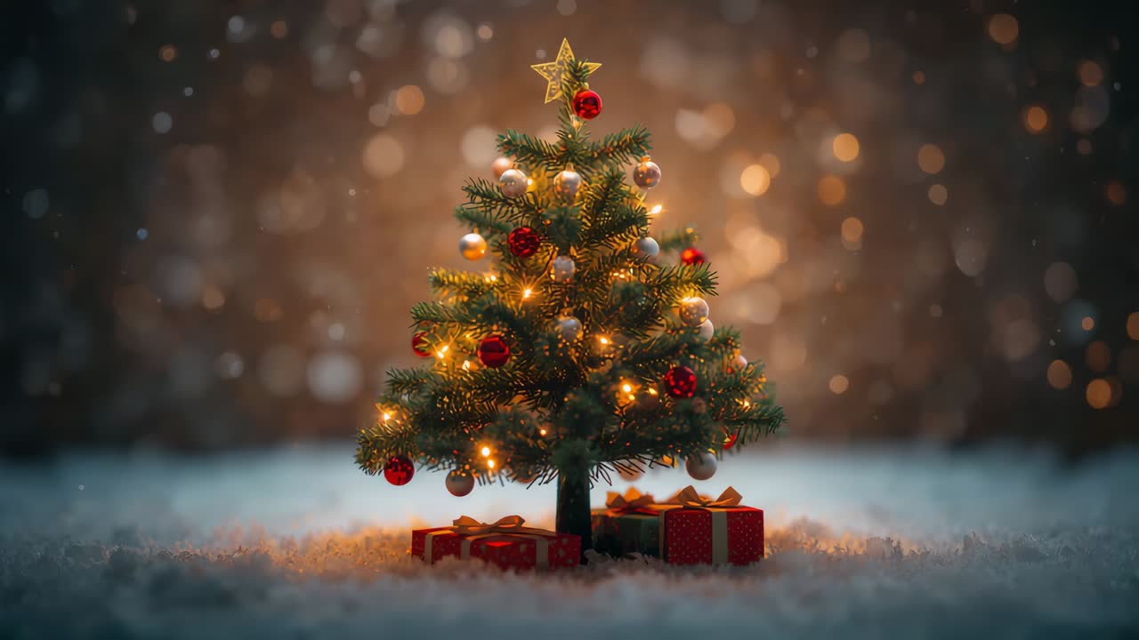 Árbol parpadeante decorado con estrella en la parte superior sobre nieve artificial, luces que cambian para una exhibición navideña acogedora