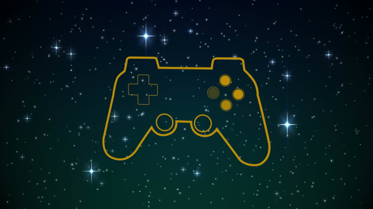 Animation of neon video game pad over stars background