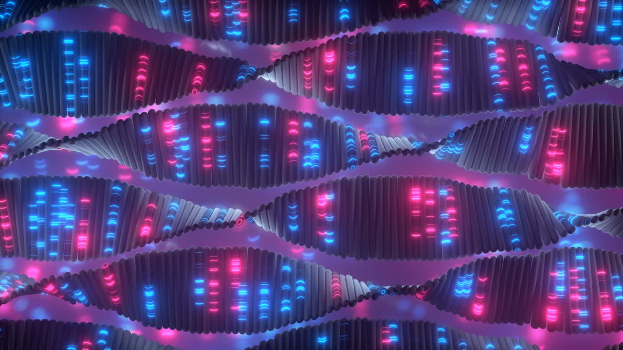 Artificial DNA glowing neon retro synth style 3D render seamless loop animation