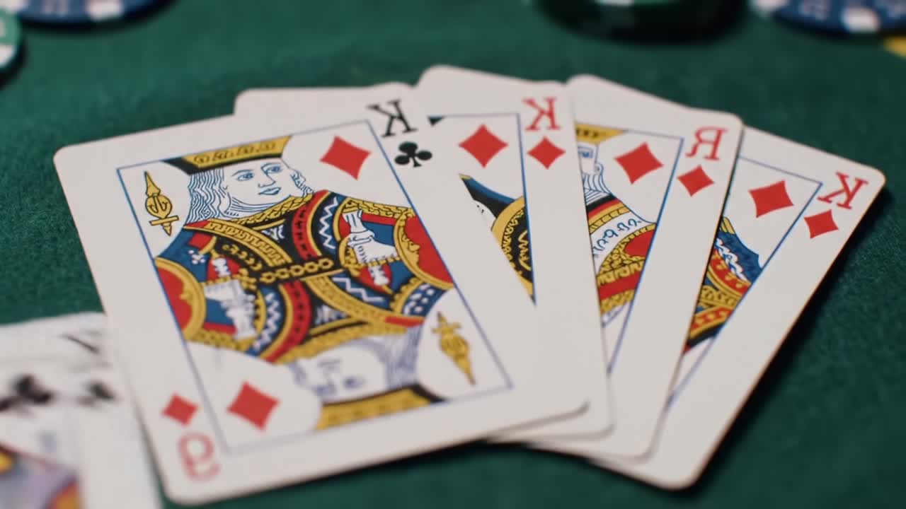 Detailní pohled na vítězné pokerové kombinace s králi a esy na zeleném plátěném stole obklopeném barevnými pokerovými žetony ve hře o vysoké sázky