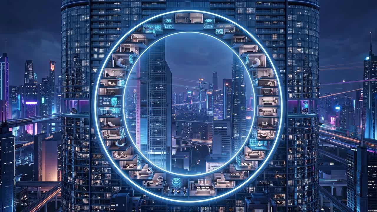 Futuristic Cityscape with Circular Skyscraper and Flying Cars