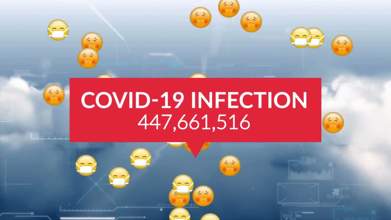 코로나 19 데이터 처리의 애니메이션은 얼굴 마스크와 함께 여러 병자 이모티콘을 통해 처리됩니다.