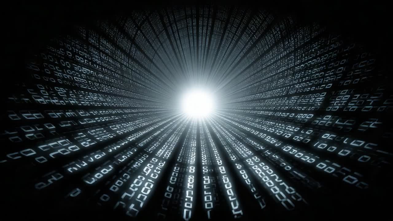 A captivating visual representation of a cascading tunnel filled with binary data streams, illustrating the vastness and complexity of digital information in a mesmerizing light