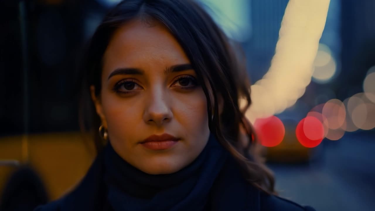 una mujer joven de cabello largo y marrón se encuentra en una calle de la ciudad por la noche, rodeada de luces urbanas y un fondo oscuro y atmosférico