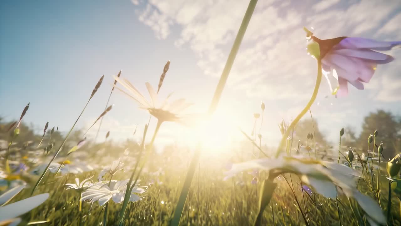 陽光降り注ぐ牧草地で咲く野生の花を、低アングルで撮影した動画。穏やかで自然な雰囲気を醸し出しています