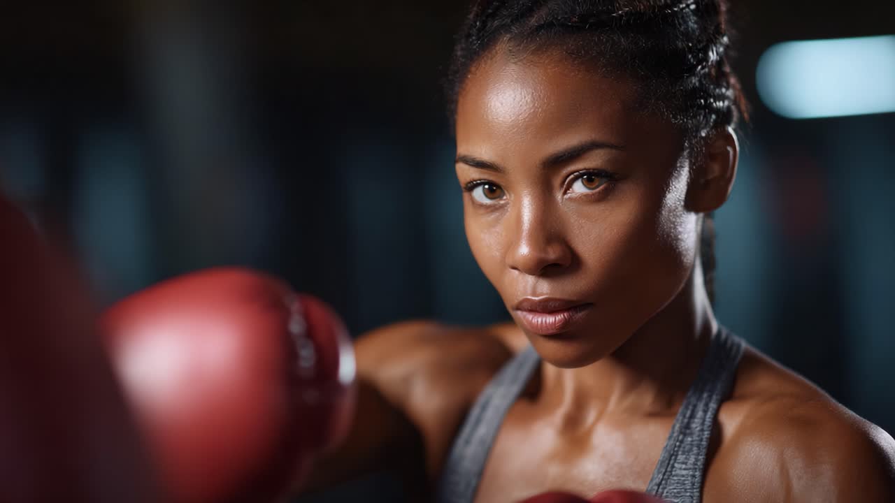 A determined boxer prepares for the next round, showcasing strength and focus with a fierce expression and readiness to strike in the boxing gym environment