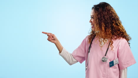 Steps,-happy-woman-or-doctor-pointing-in-studio