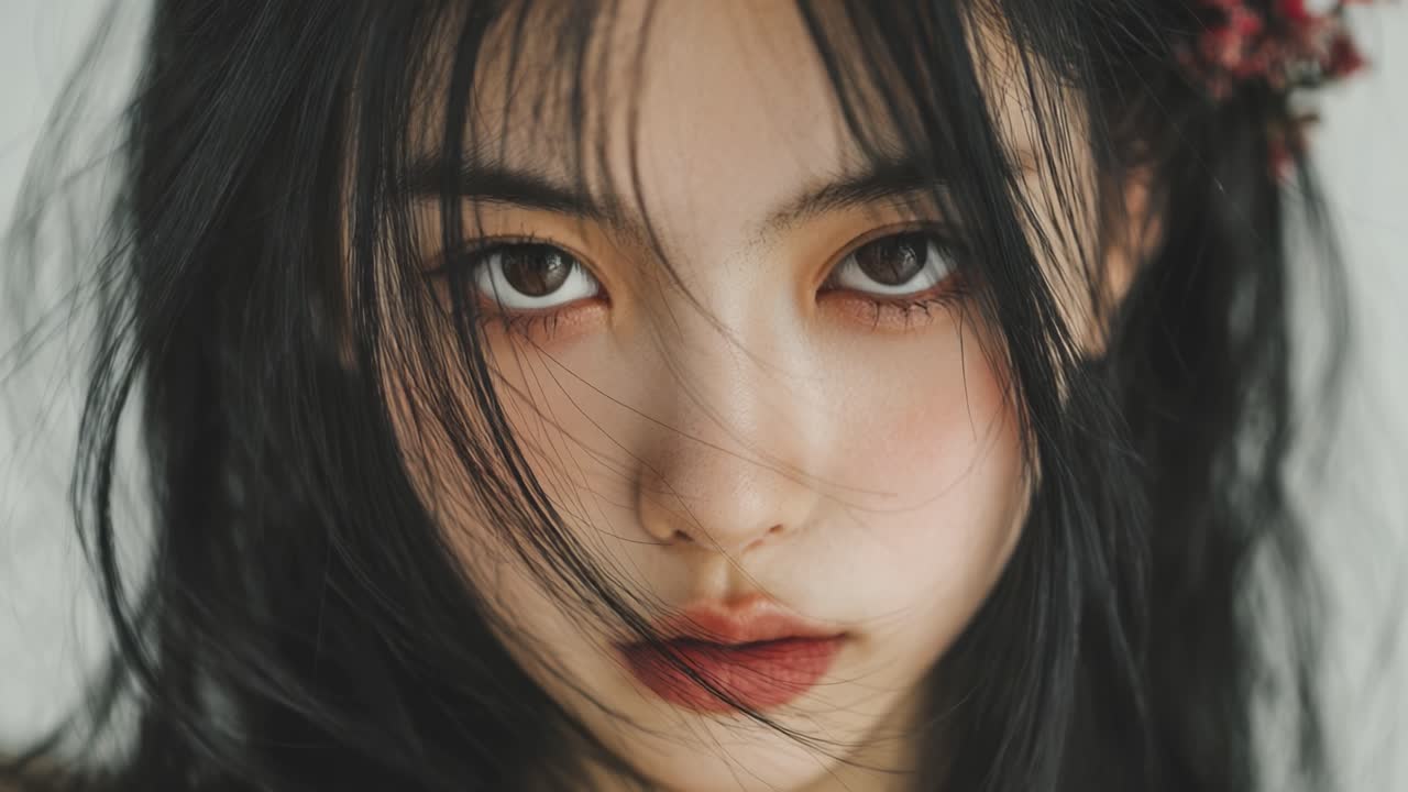 Captivating Close-Up of a Young Woman's Intense Gaze with Flowing Hair and Subtle Floral Accents, Exuding Elegance and Intrigue