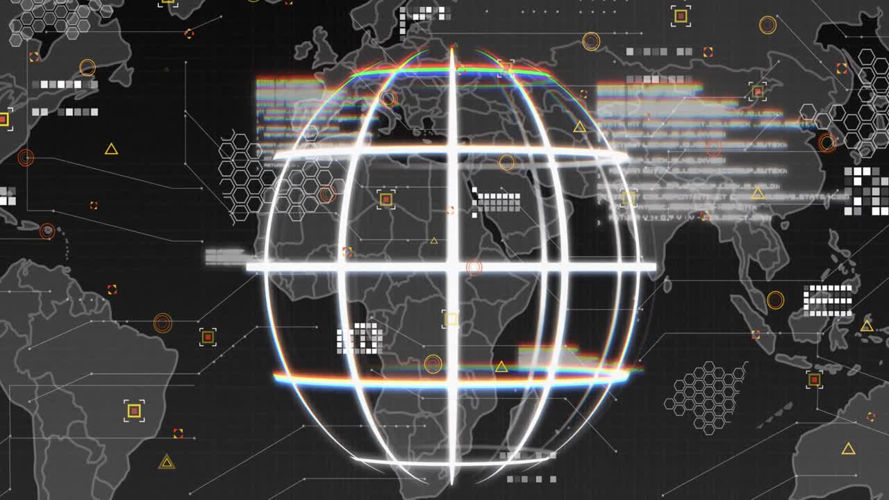 Animation of data, world map, connections and globe on black background