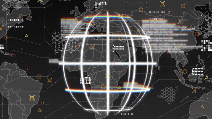 Animation of data, world map, connections and globe on black background