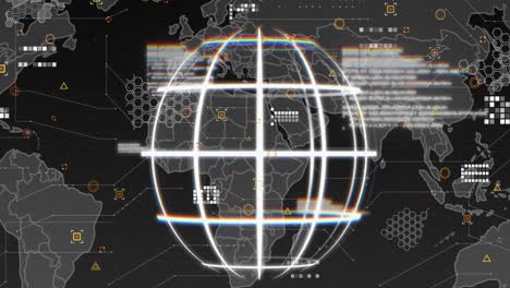 animation of data, world map, connections and globe on black background