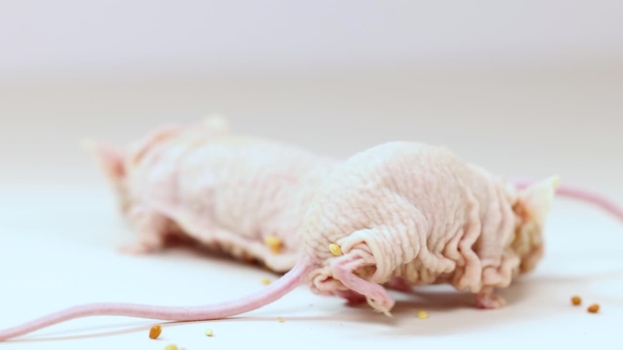 Two hairless mice with wrinkled skin interact and move on a clean, white studio surface under soft, even lighting with minimal shadows