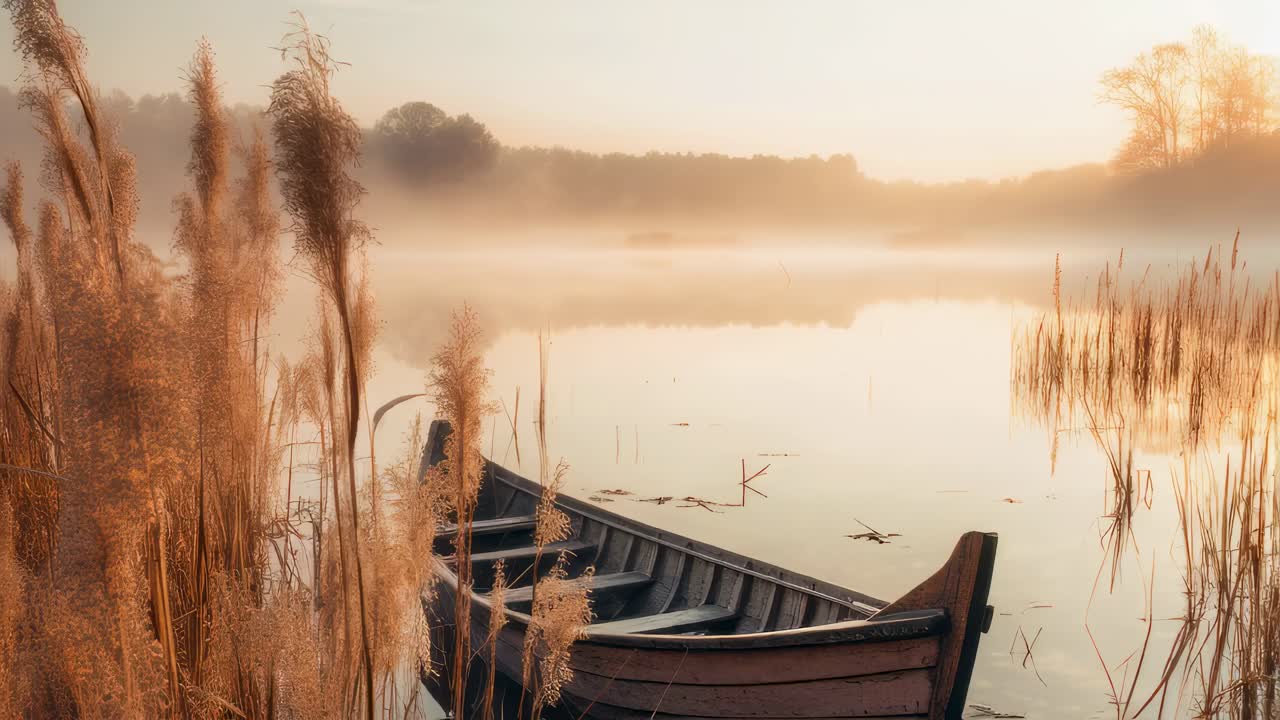 Wooden boat moored beside lush reeds on the tranquil shore of a misty lake at sunrise, evoking a serene and picturesque atmosphere filled with golden light and calm reflections