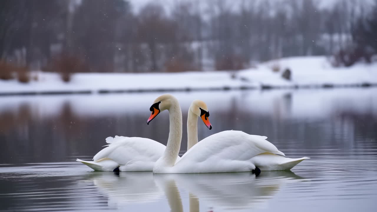 Par de Cisnes Brancos Flutuando em um Lago Sereno de Inverno