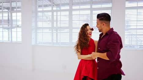 ballroom, dance and couple learning the salsa