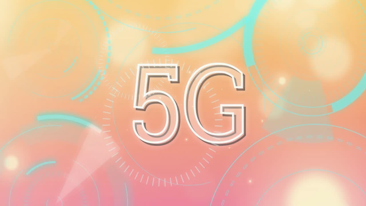 5g 텍스트 배너, 둥근 스캐너 및 오렌지 색상 배경에 빛의 점의 애니메이션