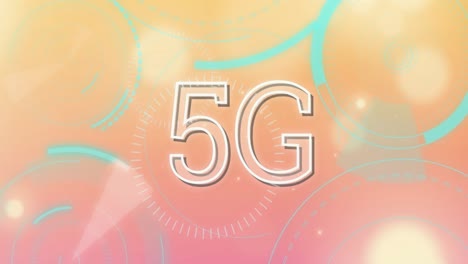 Animation-Von-5g-Textbannern,-Runden-Scannern-Und-Lichtflecken-Auf-Orangefarbenem-Hintergrund-Mit-Farbverlauf