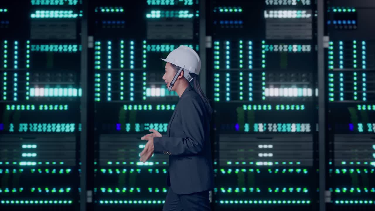 Side View of Asian Businesswoman Walking and Speech in Server Room Data Center