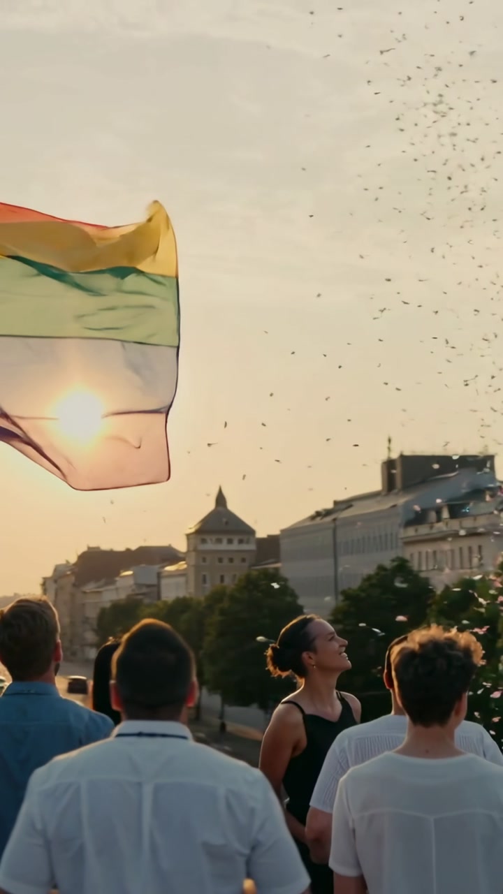 Vertical video: Breeze stirring pride flag, group gazing at sunset on bridge watching bubbles