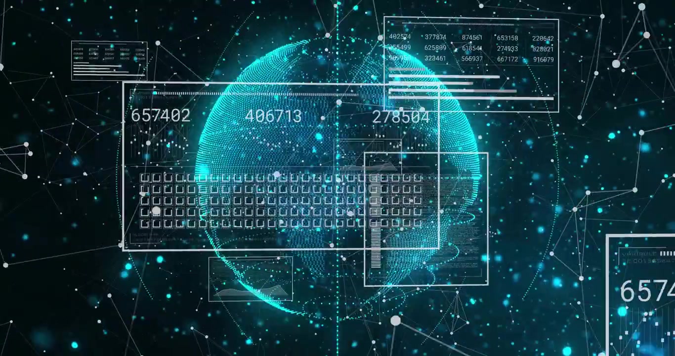 Fading-in rotating holographic globe visualizing global data panels updating numbers over network