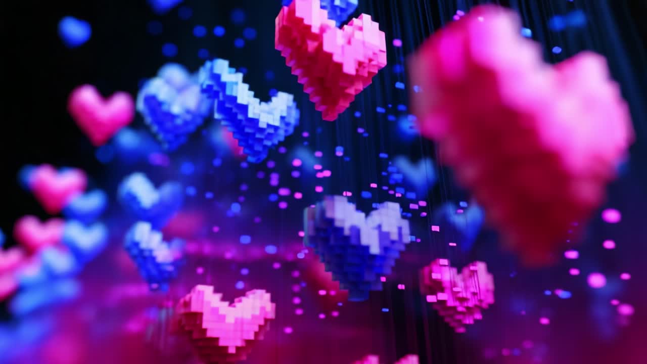A Vivid Display of Pixelated Hearts Floating in a Dynamic Digital Space, Representing Themes of Love, Affection, and Connection in an Abstract, Colorful Environment