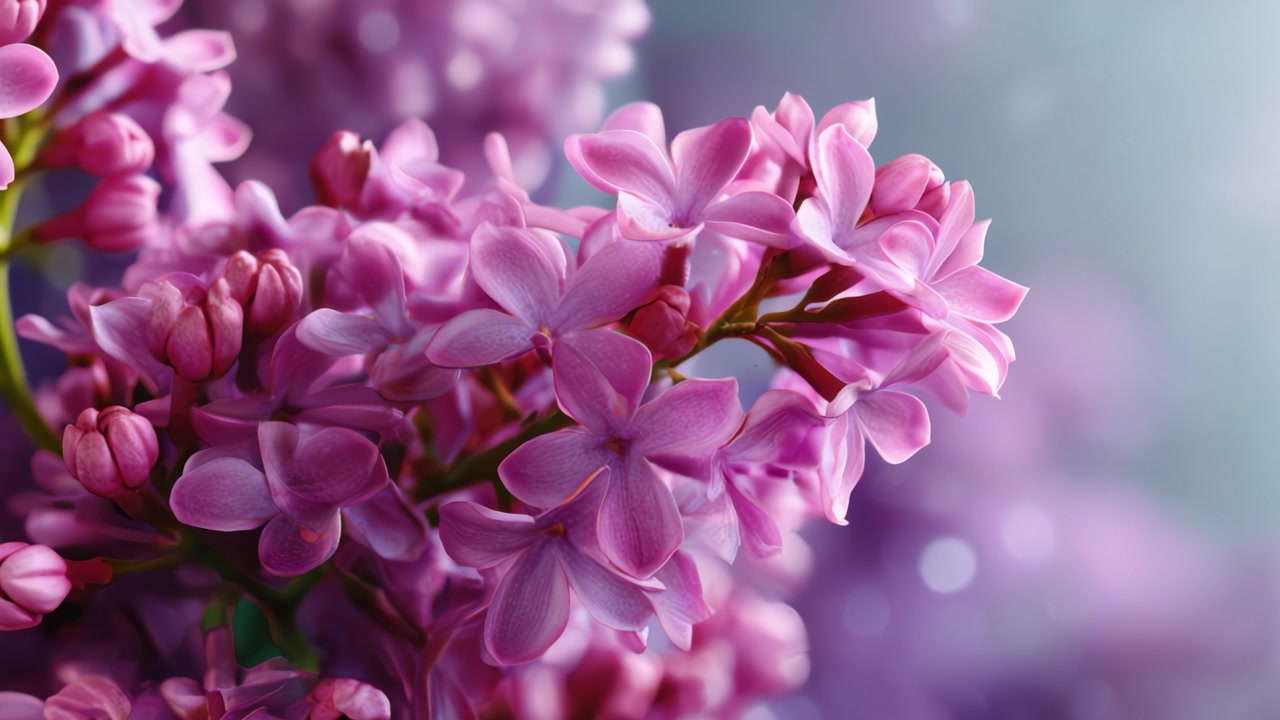 Pemandangan jarak dekat yang menakjubkan dari bunga lilac yang lembut, menampilkan nuansa ungu cerah dan struktur kelopak yang rumit dengan latar belakang yang sedikit buram.