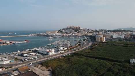 aerial view of marina port ibiza. dolly left