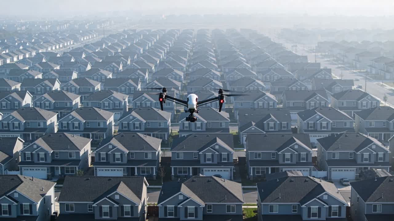 Ricevendo l'input del pilota, un drone con gimbal vola in avanti sopra case suburbane, catturando riprese aeree