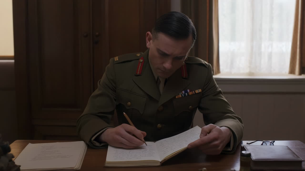 Military officer writing at a desk