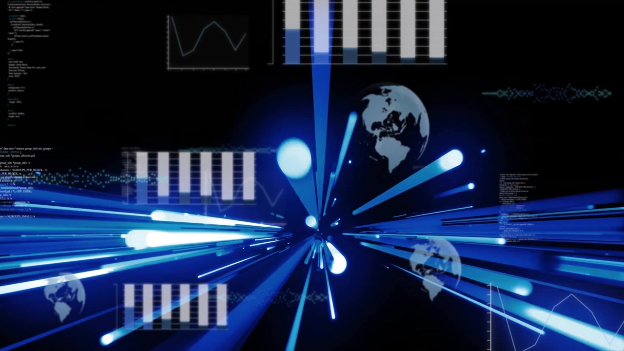 Datastream visualization starting centrally shooting neon-blue streaks outward showing data growth