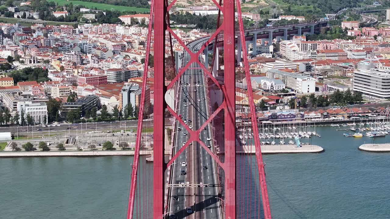 25Th April Bridge At Lisbon In Lisbon District Portugal. Stunning Downtown Cityscape. Cable Bridge Scene. 25Th April Bridge At Lisbon In Lisbon District Portugal. Cable Bridge Scenery