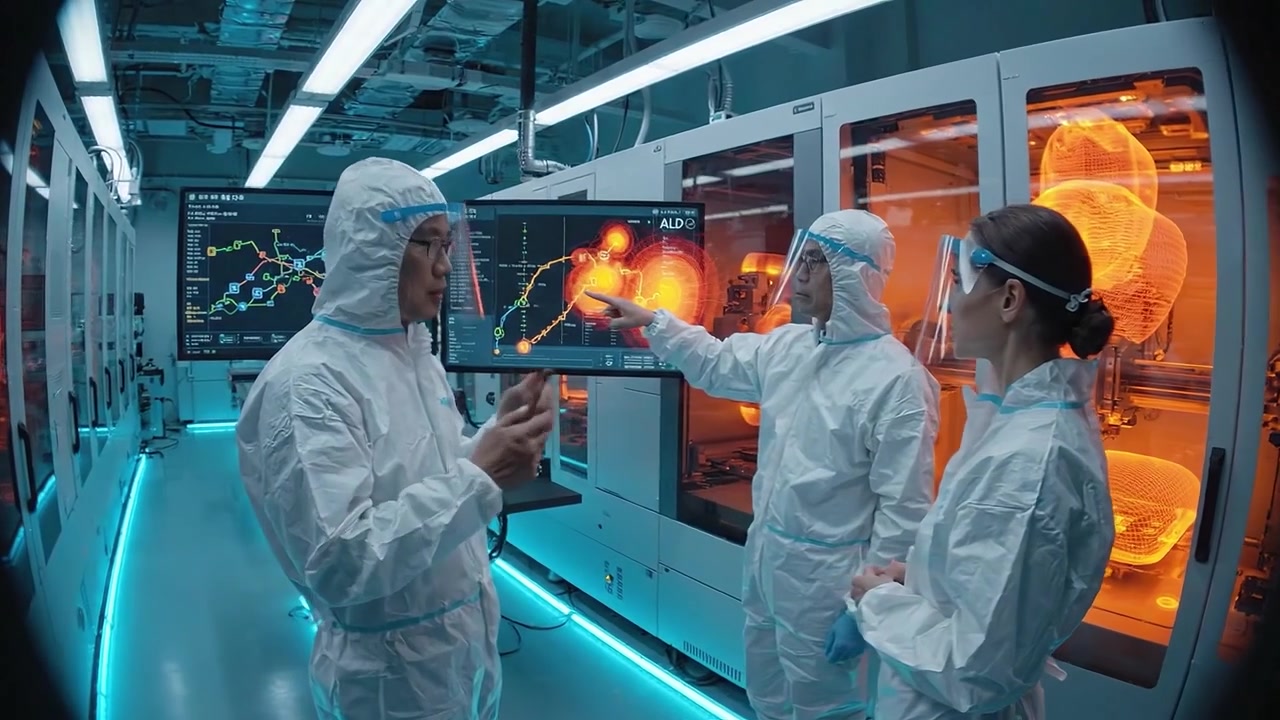 Scientists in Cleanroom Suits Discussing Data in a High-Tech Laboratory