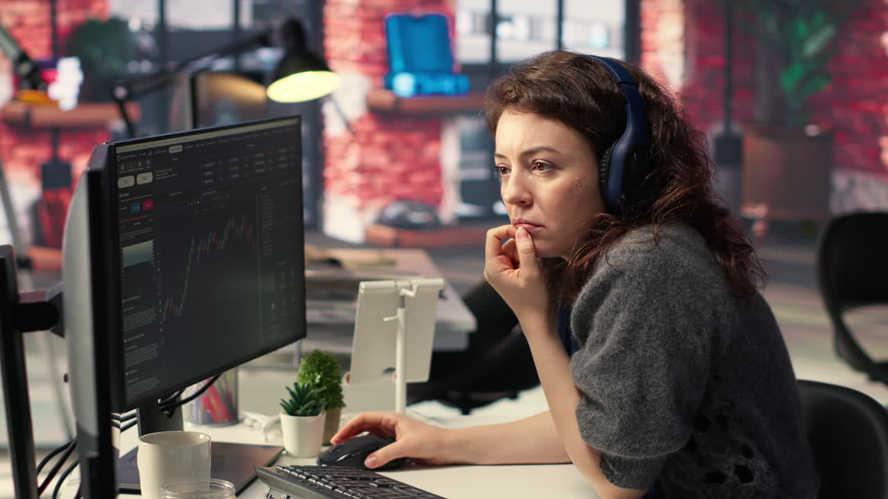 Female day trader examines stock market graphs on dual monitors