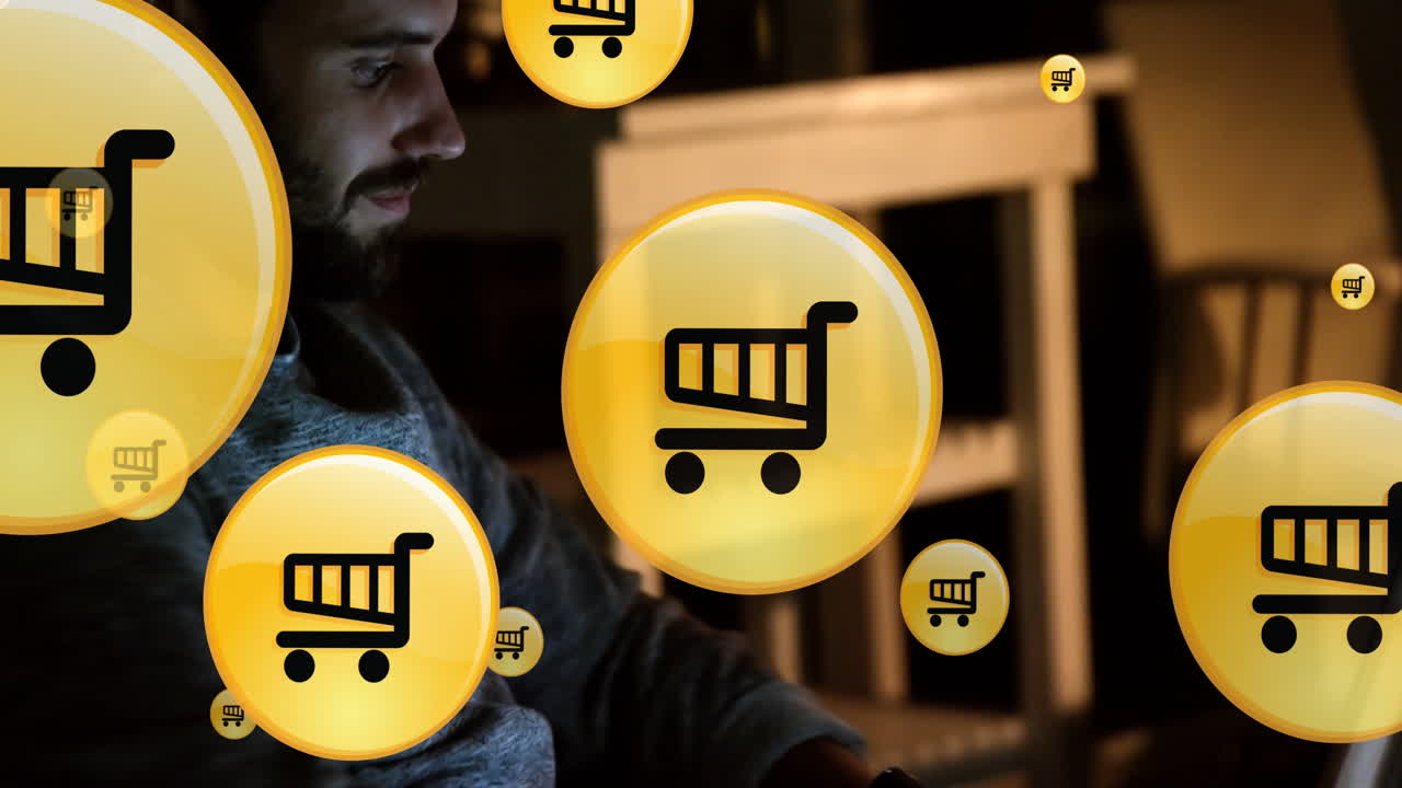 animación de iconos de compras digitales con procesamiento de datos sobre empresario caucásico en la oficina