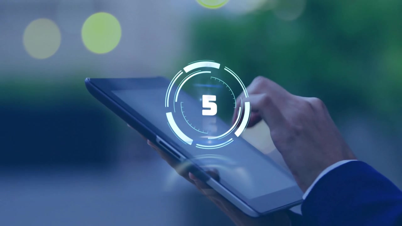 Woman tapping tablet screen and starting digital countdown overlay adjusting grip for tech demo