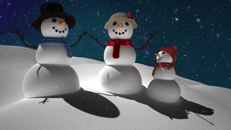 Animation-of-falling-snow-over-family-of-snowmen-and-winter-scenery