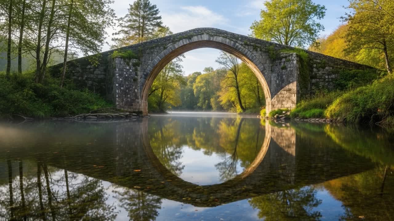 Serene Reflection: An Elegant Stone Arch Bridge Spanning a Tranquil River, Surrounded by Lush Greenery and Autumn Colors Under a Clear Sky