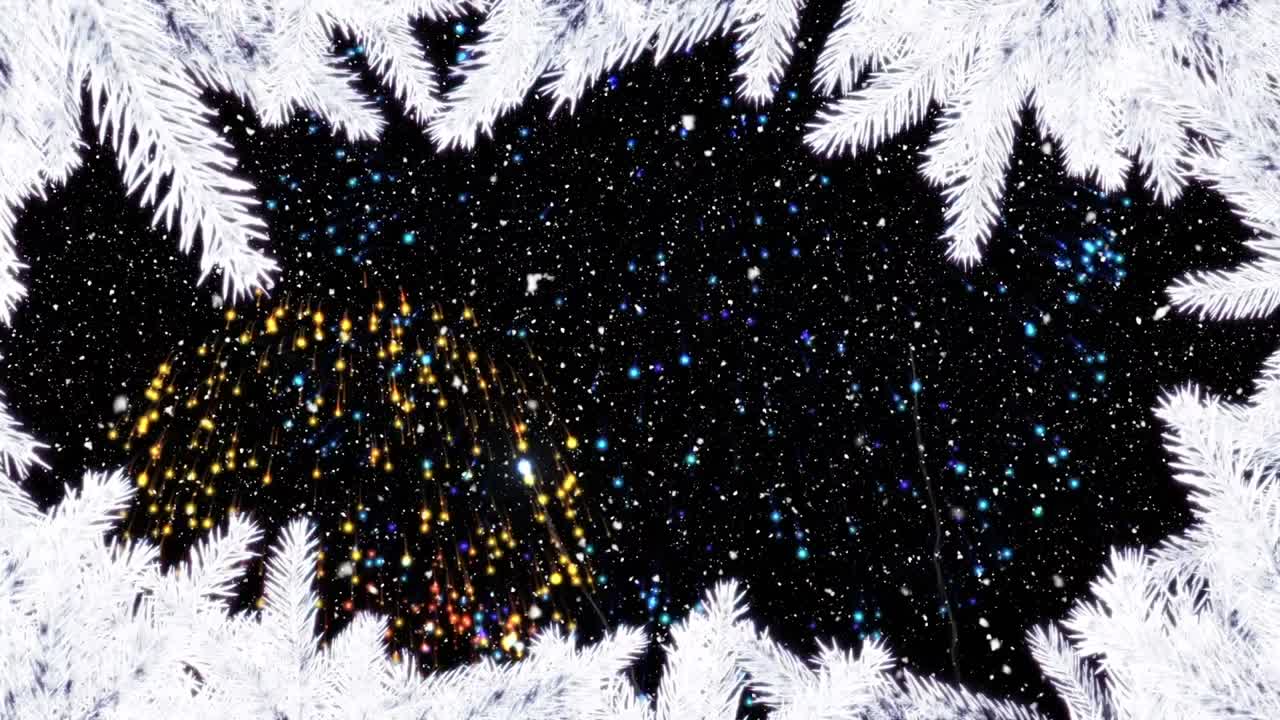 하 ⁇  크리스마스 트리 경계와 함께 밤에 다채로운 새해 불꽃놀이의 애니메이션