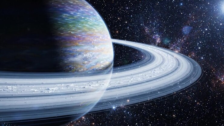 A Stunning Cosmic Voyage: Exploring the Vibrant Beauty of a Celestial Planet Surrounded by Majestic Rings in a Breathtaking Starry Universe