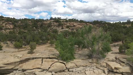 Lago-Navajo-En-El-Suroeste-Toma-Aérea-De-Una-Cala-Rodante-Para-Aterrizar