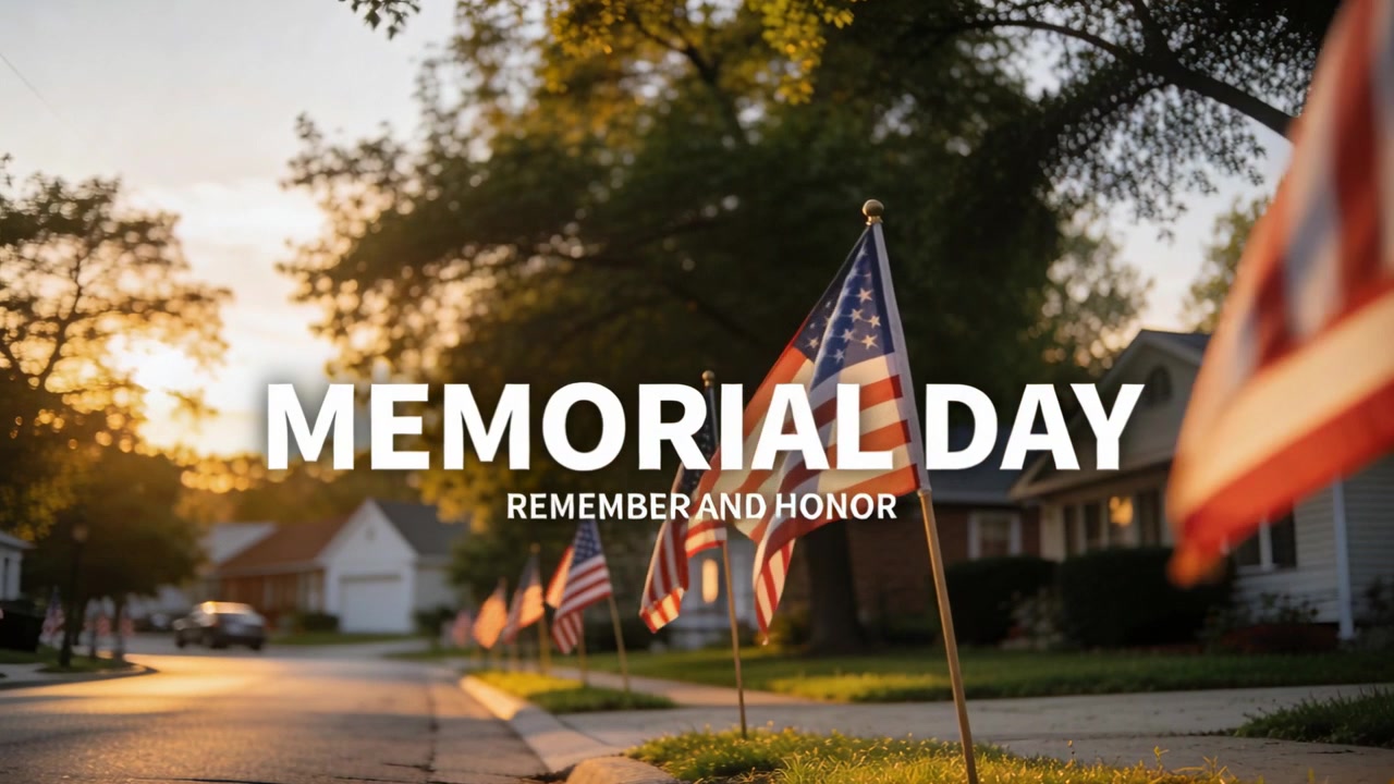 La brezza muove le bandiere americane sul marciapiede, la telecamera si sposta, una grande bandiera si muove in primo piano, con il testo "MEMORIAL DAY" che rende omaggio.