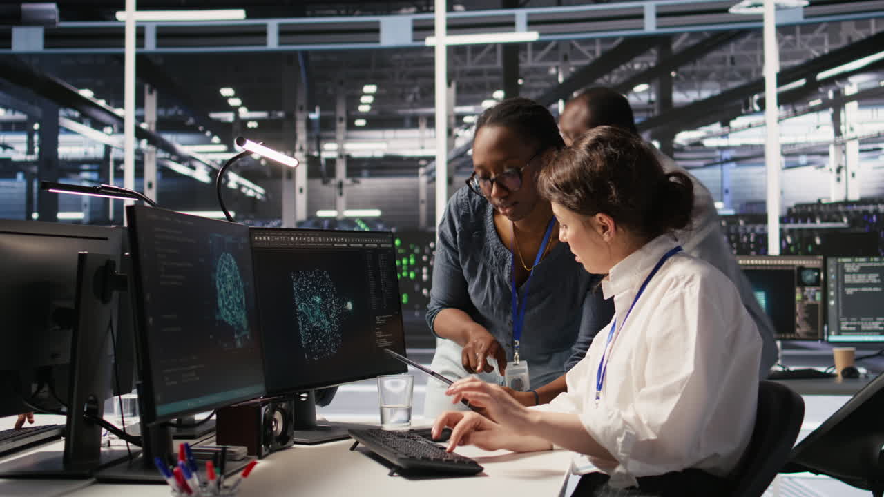 Vertical video Smiling technicians doing fist bump in AI data center