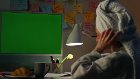 Festive-person-singing-mockup-computer-closeup.-Excited-woman-enjoying-evening