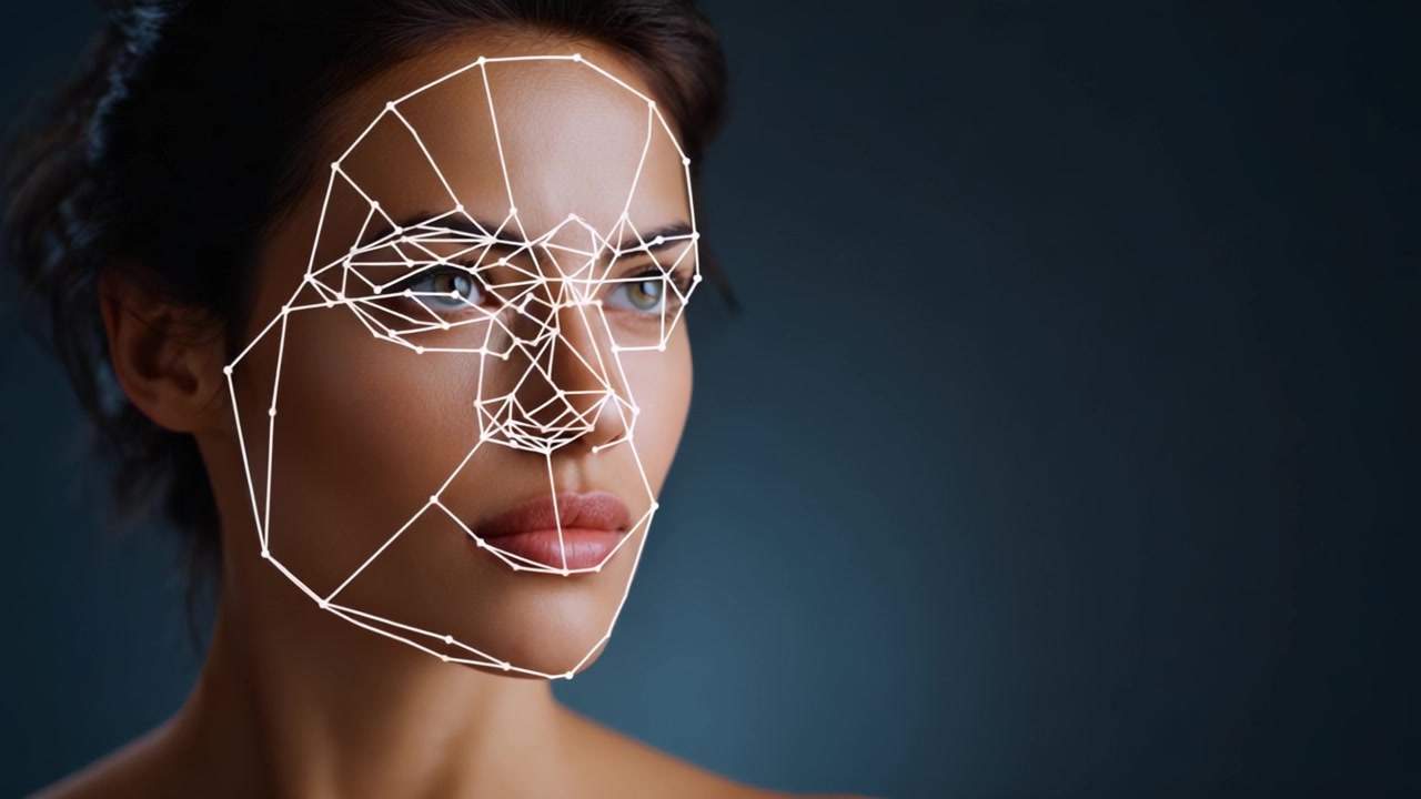 Detailed Facial Recognition and Analysis through Artificial Intelligence Technology Showcased on a Model's Face, Highlighting Advanced Features and Expressions.